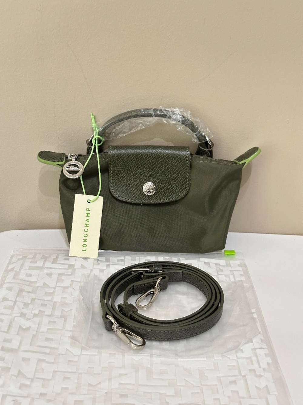 NWT Longchamp le pliage Dark Green Mini Micro Crossbody Hand Bag